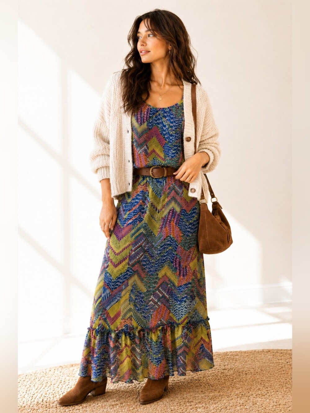 Boho Chiffon Maxi Dress Vibrant Blue Ruffle Hem Sundress Dopamine Dressing 12 L